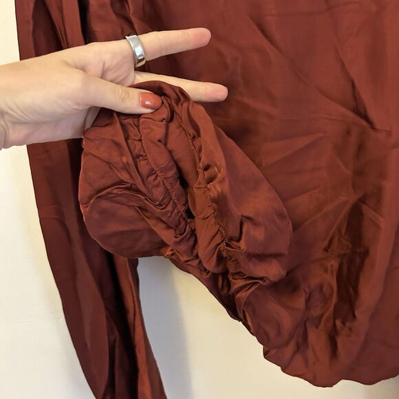 Anthropologie Ruched Peasant‎ Blouse Rust Red M Silky Work Office Professional - Picture 2 of 9